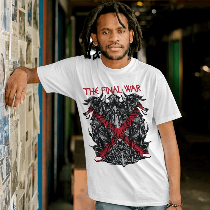 May include: White t-shirt with a black and red graphic print of a skull with the text "THE FINAL WAR".