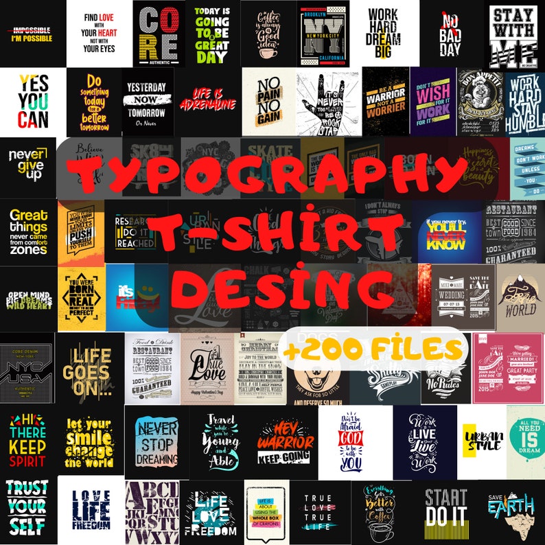 May include: A collage of colorful typography designs for t-shirts. The designs feature a variety of fonts, colors, and styles, including motivational quotes, inspirational sayings, and urban-inspired graphics. The text includes phrases like "Life is Adventure", "Work Hard Dream Big", "Never Give Up", and "Life Goes On".