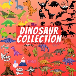May include: A collection of 460 dinosaur designs in various styles, including cartoon, realistic, and silhouette. The designs are perfect for crafting, scrapbooking, and other creative projects. The image includes the text "Dinosaur Collection" and "SVG-PNG".