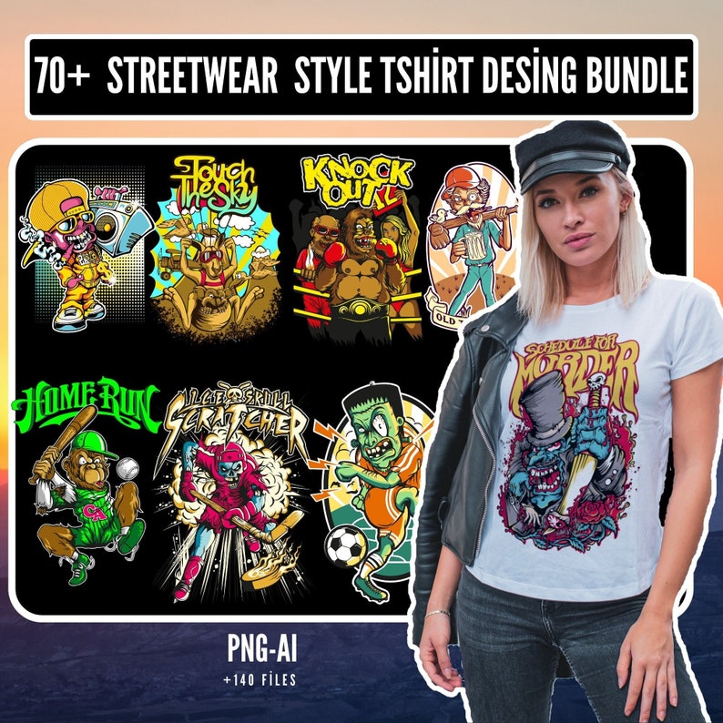 May include: A collection of 70+ streetwear style t-shirt designs featuring various cartoon characters and graphics. The designs include a monkey playing baseball, a monster with a knife, a boxer, and a man with a beer. The text "70+ STREETWEAR STYLE TSHIRT DESING BUNDLE" is at the top of the image. The text "PNG-AI +140 FILES" is at the bottom of the image.