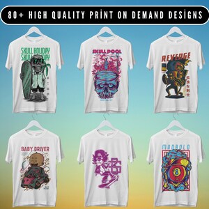 May include: Six different t-shirt designs featuring colorful illustrations. The designs include a skull with a surfboard, a skull in a pool, a character with a sword, a baby in a car, a character on a skateboard, and a pool ball with a skull.