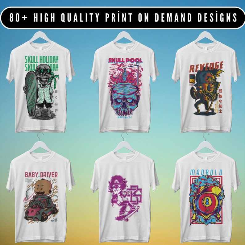 May include: Six different t-shirt designs featuring colorful illustrations. The designs include a skull with a surfboard, a skull in a pool, a character with a sword, a baby in a car, a character on a skateboard, and a pool ball with a skull.