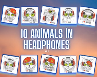 Animals in Headphone, Animal Graphics, Funny Animal Clipart, Digital Printable, Musical animals, Colorful Animals, Animal Tshirt Design