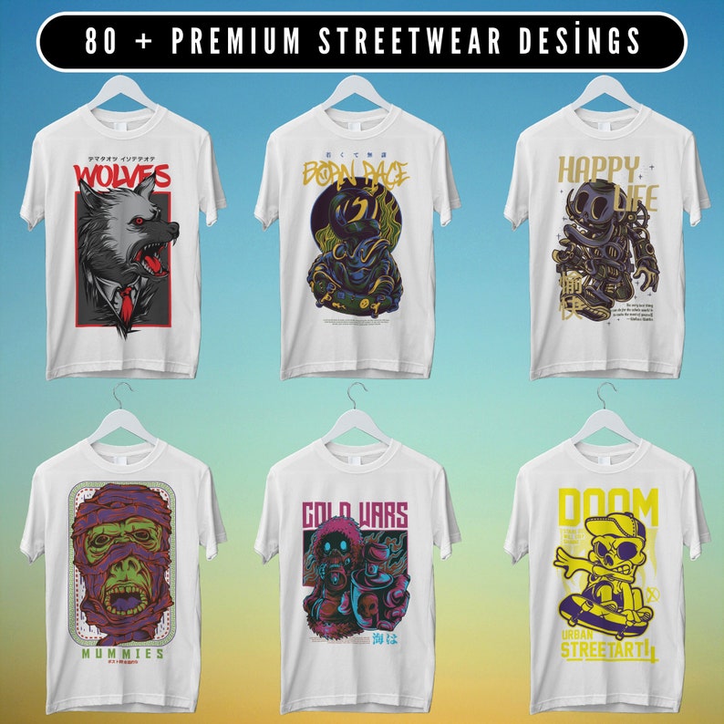 May include: Six white t-shirts with different graphic designs. The designs include a wolf, a robot, a monster, a skull, a mummy, and a skeleton. The text on the shirts includes "Wolves", "Born Pace", "Happy Life", "Gold Wars", "Mummies", and "Doom Urban Streetart".