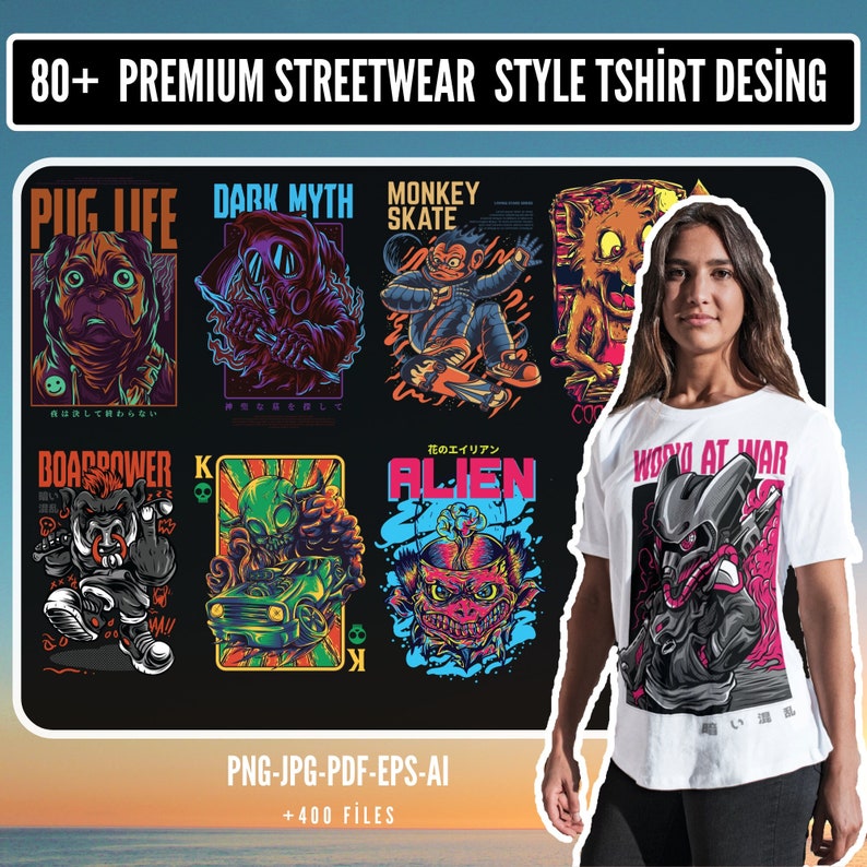 May include: A collection of 80+ streetwear style t-shirt designs featuring various illustrations, including a pug, a monster, an alien, and a robot. The designs are in a variety of colors and styles, and are perfect for anyone looking to add a unique touch to their wardrobe.