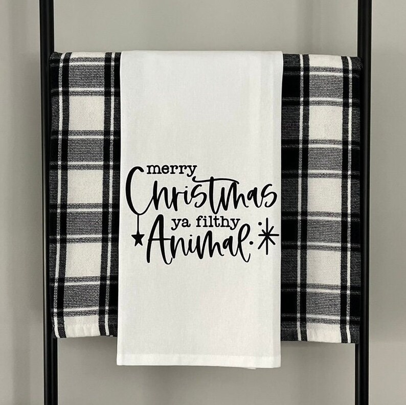 Merry Christmas Towel, Christmas Kitchen Towel, Funny Tea Towel, Holiday Towel, Home Alone Towel, Christmas Vacation Towel Filthy Animal White