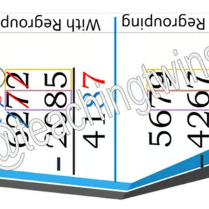 May include: A math worksheet with two columns showing subtraction problems with and without regrouping. The problems involve numbers in the thousands. The numbers are written in black and the answers are written in red, blue, and purple.