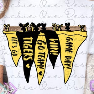 Hanging Pennant Flag Png, Tigers Mascot Png, Tigers Png, Retro Pennant Cheer Png, Black and Yellow Homecoming Pennant Flag,  DTF Download