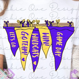 Hanging Pennant Flag Png, Wildcats Mascot Png, Wildcats Png, Retro Pennant Cheer Png, Purple and Gold Homecoming Pennant Flag,  DTF Download
