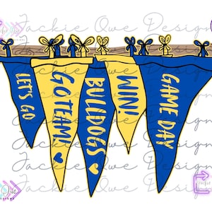 Hanging Pennant Flag Png, Bulldogs Mascot Png, Bulldogs Png, Retro Pennant Cheer Png, Blue and Gold Homecoming Pennant Flag,  DTF Download