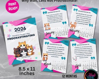 2026 Cat Calendar, Printable Cute Kitten Wall Calendar, Home Office Monthly Calendar, Cat Lovers Digital Download, Inspirational Tips, PNG