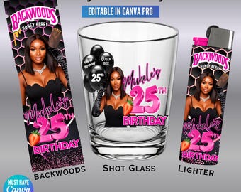 Party Favor Editable Canva Template, Shot Glass, Cigar Wrapper, Lighter, Pink, Custom DIY Design (Digital Download)