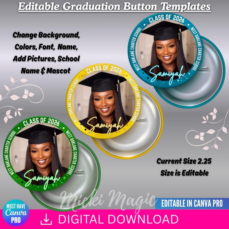 Editable Graduation Button Templates, Class of 2026, DIY Grad Pin ...