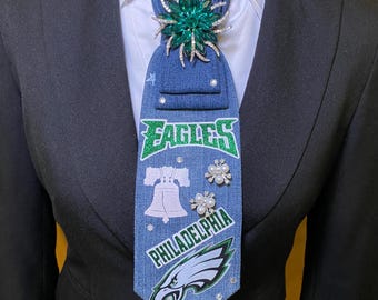 Eagles Junk Tie Necklace, Distressed Upcycled Blue Denim Tie