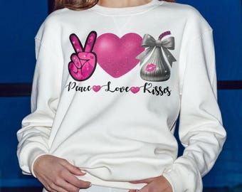 Camiseta de San Valentín con besos de paz y amor (PNG), diseño de sublimación de camiseta con lazo coqueto, descarga digital del Día de Galentine