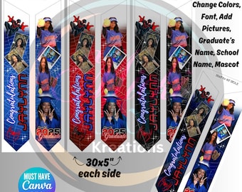 Plantilla editable de Canva de estola de graduación personalizada de Spiderman, graduada de 2025, descarga digital de banda de sublimación