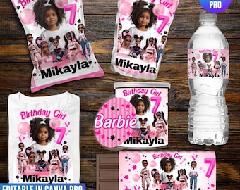 Plantillas de recuerdo para fiesta de cumpleaños de Barbie negra: Diseño editable en Canva (descarga digital)