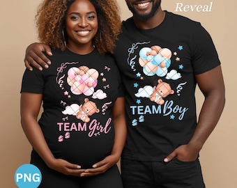 Diseño de camiseta para revelación de género "Equipo Niña PNG", "Equipo Niño", descarga digital DTF lista para imprimir mediante sublimación.