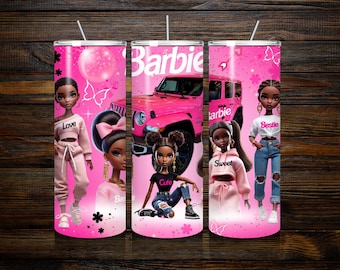 Envoltura de vaso de Barbi negra (PNG), diseño PNG imprimible de púas, regalo para niñas, descarga digital