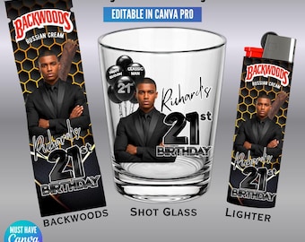 Editable Party Favor Canva Template, Shot Glass, Cigar Wrapper, Lighter, Custom DIY Design (Digital Download)