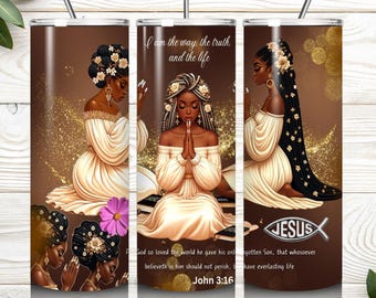 Afro American Praying Woman Tumbler Wrap, Sublimation Black Girl PNG, Christian Bible Self Love Digital Download
