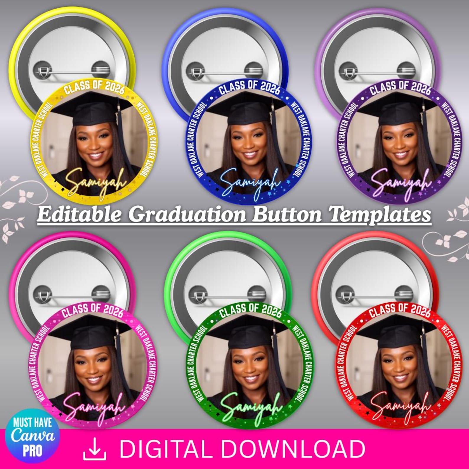 Editable Graduation Button Templates, Class of 2026, DIY Grad Pin ...