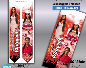 Plantilla editable de Canva para estola de graduación, diseño de mariposa roja, promoción de 2026, sublimación (descarga digital)
