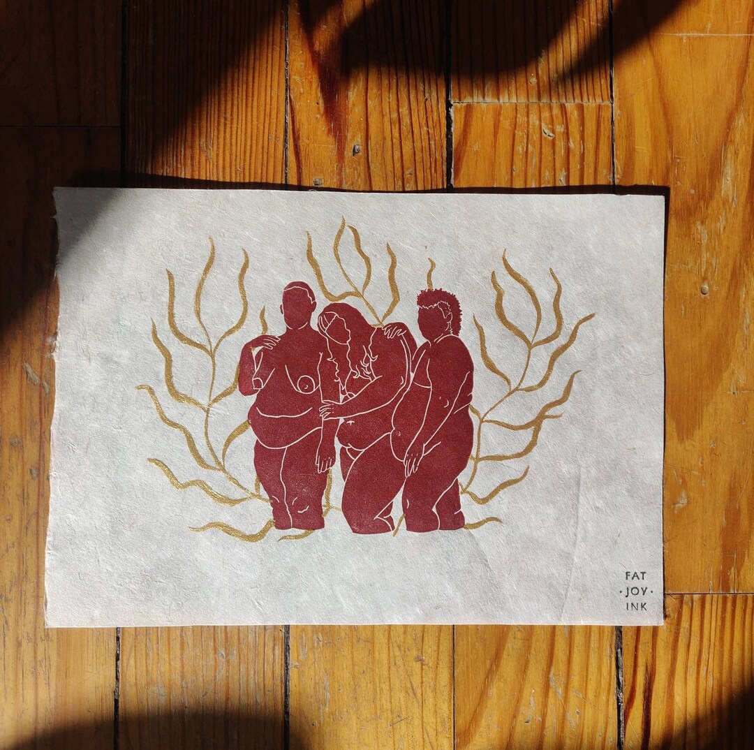 Together Maroon and Gold Fat Art, Linoprint, Plus Size Illustration - Etsy