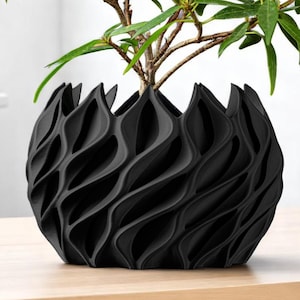 May include: A black, decorative plant pot with a unique, wave-like design. The pot holds a small green plant with multiple branches and leaves. The pot is sitting on a light brown wooden surface.