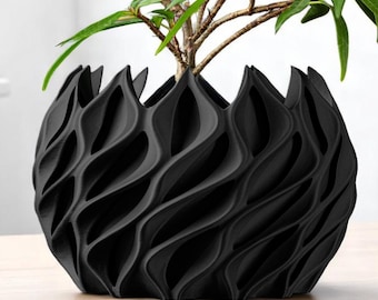 May include: A black, decorative plant pot with a unique, wave-like design. The pot holds a small green plant with multiple branches and leaves. The pot is sitting on a light brown wooden surface.