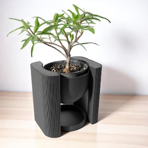 May include: A black, modern planter with a small tree. The planter has a unique design with vertical lines on the sides and a built-in saucer. The tree has green leaves and a brown trunk. The planter is sitting on a light-colored wooden surface.