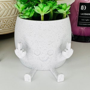 May include: White ceramic planter with a speckled finish shaped like a cartoon character with arms and legs. The planter has a smiling face and is giving the middle finger with both hands. The planter is filled with a small green succulent plant.
