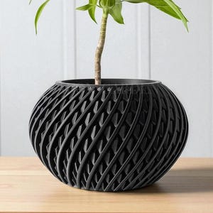 May include: A black, spherical planter with a geometric, lattice-like design. The planter holds a green plant with long, slender leaves. The planter sits on a wooden surface against a white, paneled wall.