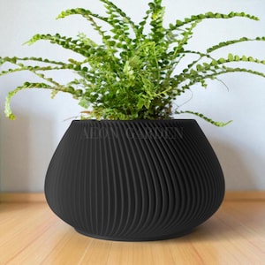 May include: A black, round, textured planter with a spiral design, holding a vibrant green plant. The planter has a wide base and tapers towards the top. The text "AEON GARDEN" is visible on the planter.