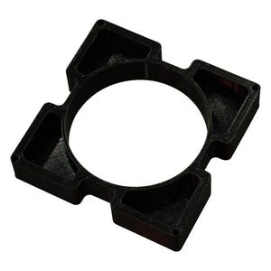 May include: A black, 3D-printed fan mount with a circular center and four square mounting points. The mount is designed to hold a fan in place. The design is simple and functional, with a focus on utility.