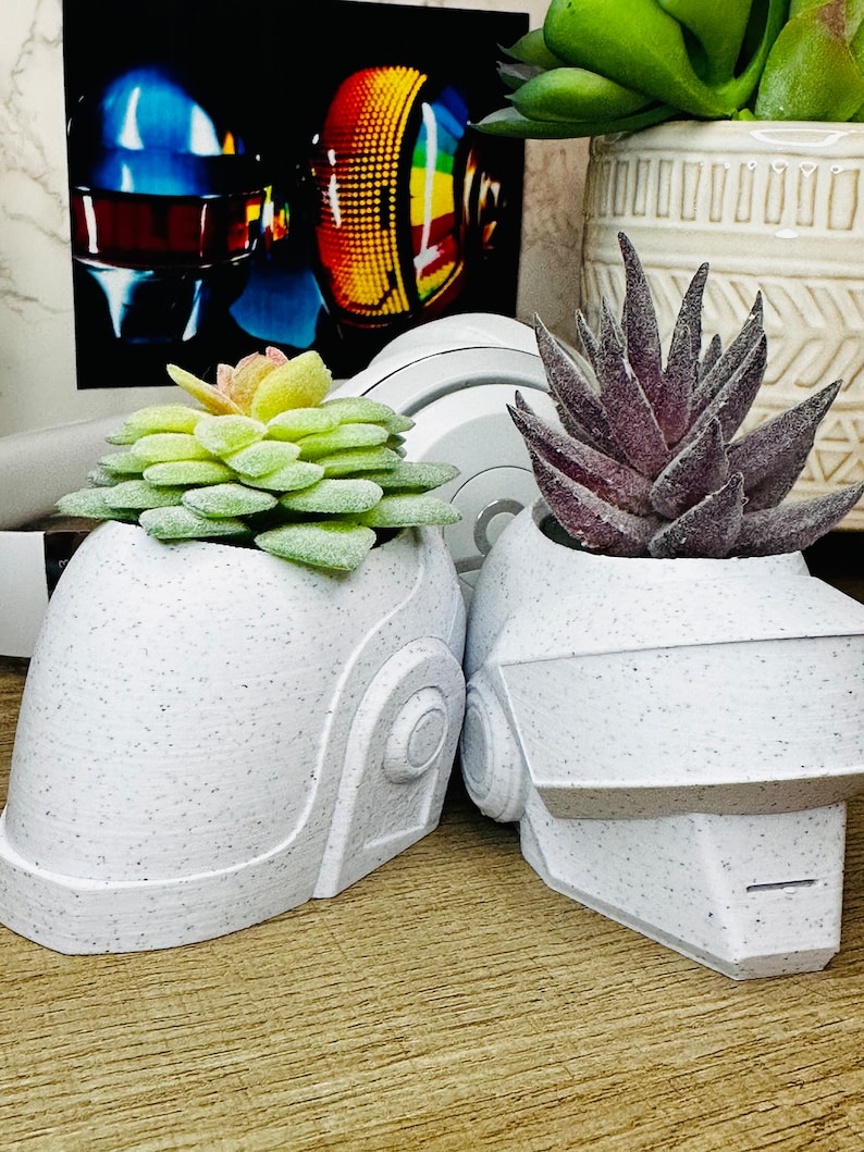 Daft Punk Duo Helmet Set White Marble Planters Plants Included image 1