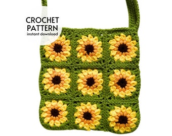 PATRÓN DE CROCHET - Bolso de mercado cuadrado con estampado de girasoles estilo abuela - Patrón PDF para bolso de hombro estilo boho con flores - Descarga digital instantánea