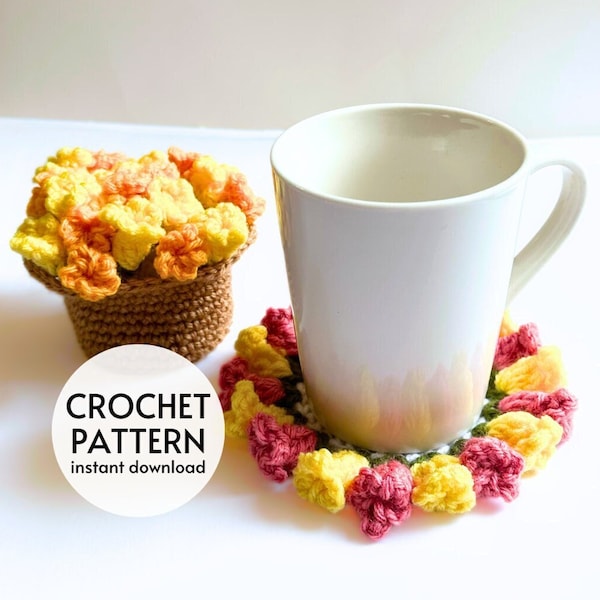 CROCHET PATTERN - Flower Pot Coaster Set Crochet Pattern Flower Bouquet Plant Coasters Instant Digital Download PDF Crochet Pattern