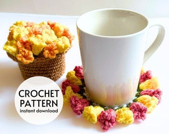 CROCHET PATTERN - Flower Pot Coaster Set Crochet Pattern Flower Bouquet Plant Coasters Instant Digital Download PDF Crochet Pattern