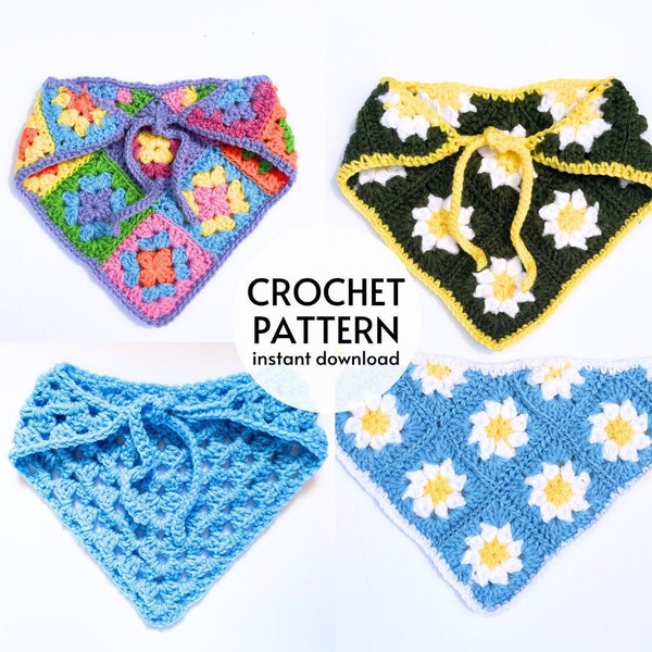 CROCHET PATTERN - Easy Crochet Bandana Headband Pattern Bundle Granny Square Flower Crochet Summer Hair Scarf Beginner Friendly Pattern PDF