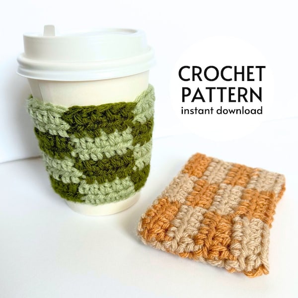 CROCHET PATTERN - Checkered Coffee Cup Cozy Crochet Pattern PDF Easy Mug Cozy Instant Digital Download Soda Cozy Crochet Pattern