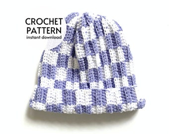 CROCHET PATTERN - Adult Knit Look Checkered Beanie Hat Crochet Pattern PDF, Instant Digital Download, Checkerboard Crochet Beanie Pattern