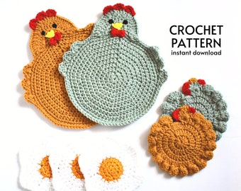 CROCHET PATTERN BUNDLE - Farmhouse Chicken Potholder Crochet Pattern Bundle Chicken Trivet Fried Egg Coaster Instant Digital Download