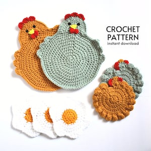 CROCHET PATTERN BUNDLE - Farmhouse Chicken Potholder Crochet Pattern Bundle Chicken Trivet Fried Egg Coaster Instant Digital Download