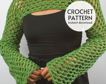 CROCHET PATTERN Easy Mesh Shrug Top Pattern Crochet Sweater Long Sleeve Pullover Pattern Crochet Crop Top Instant Digital Download PDF