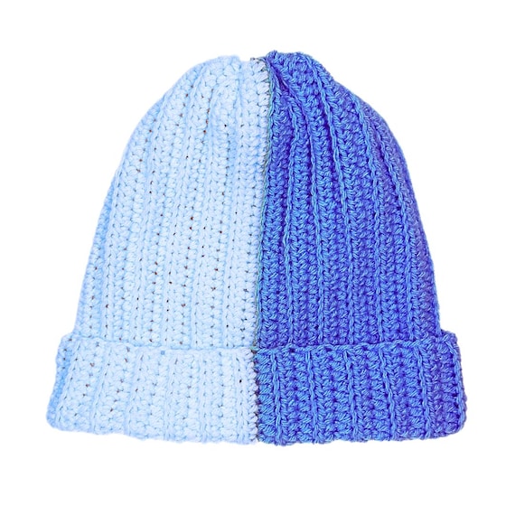 Handmade Crochet Virgin Wool Beanie Hat Blue White‎ Colorblock Textured Knit NEW Elegant Winter Wear | DIY Blue & White Crochet Beanie  main image 3