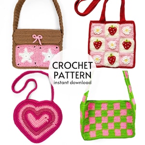 CROCHET PATTERN BUNDLE - Easy Crochet Tote Bag Heart Handbag Strawberry Granny Square Bag Cute Star Messenger Bag Pattern Digital Download