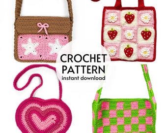 CROCHET PATTERN BUNDLE - Easy Crochet Tote Bag Heart Handbag Strawberry Granny Square Bag Cute Star Messenger Bag Pattern Digital Download