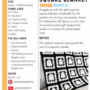 May include: A crochet pattern document titled Ghost Granny Square Blanket by Hygge Crochet Co. The text lists difficulty, sizes from lovey to California King, crochet terms, and materials including a 4.5mm hook and 450-1800 yards of worsted yarn.