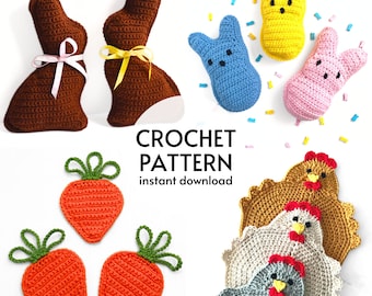 CROCHET PATTERN BUNDLE - Easter Crochet Patterns Chocolate Bunny Farmhouse Chicken Carrot Coasters Peep Bunny Easy Cute Spring Decor Pattern